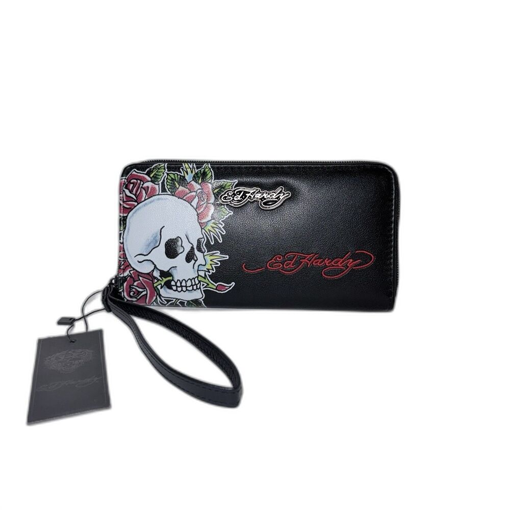 Ed Hardy Tattoo Skull & Roses Black Women’s Zip Around Wallet Wristlet NWT